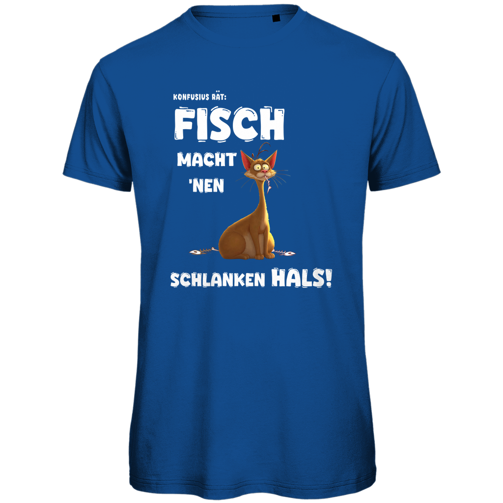 T-Shirt Design: Einer verfressene Katze guckt noch ein halber Fisch aus dem Maul.