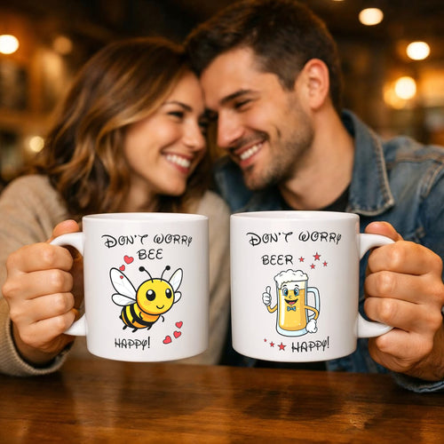 Bee happy / Beer happy - Weißes Tassen-Set